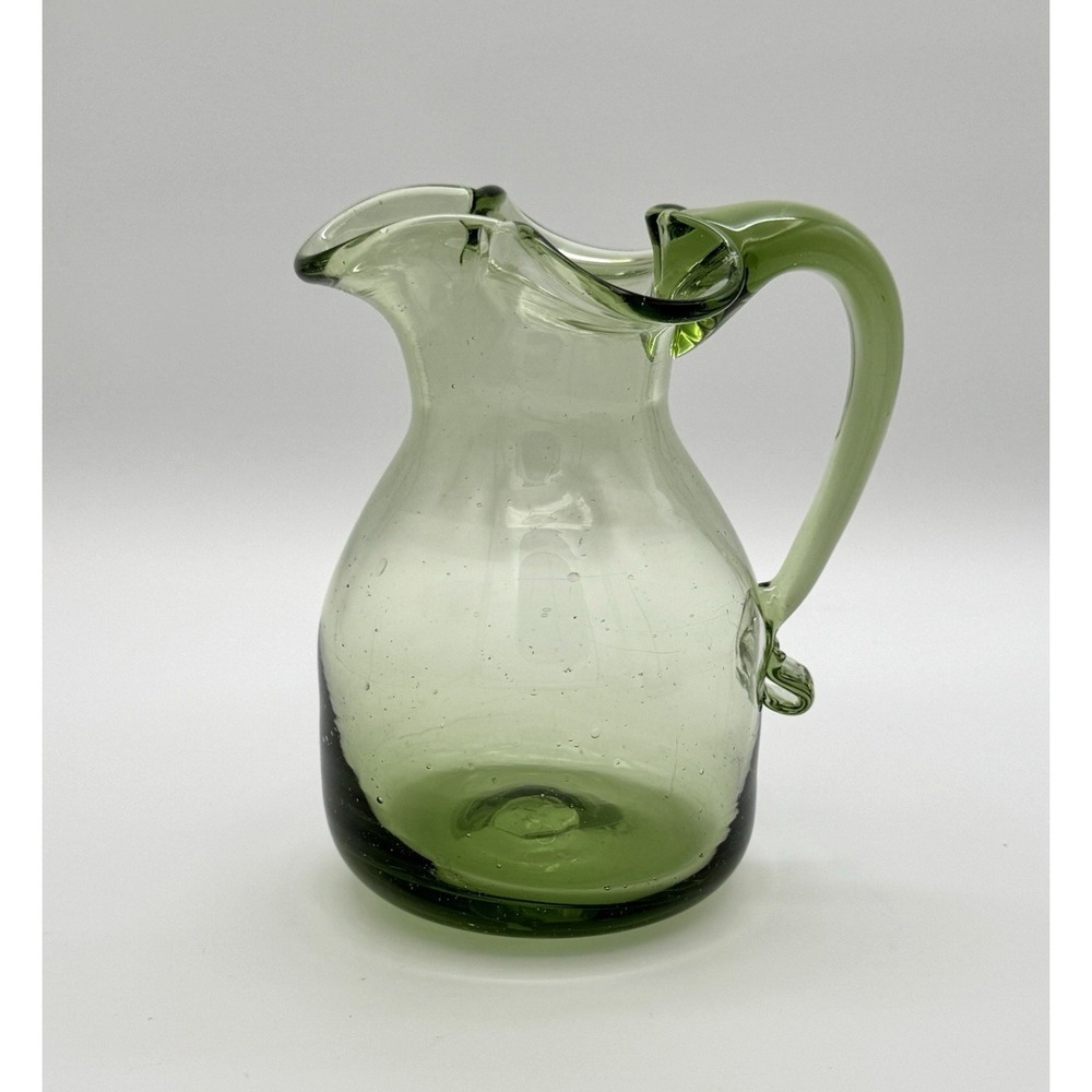 Vtg Hand Blown Green Glass Pitcher Mid Century Modern Art Glass Applied Handle